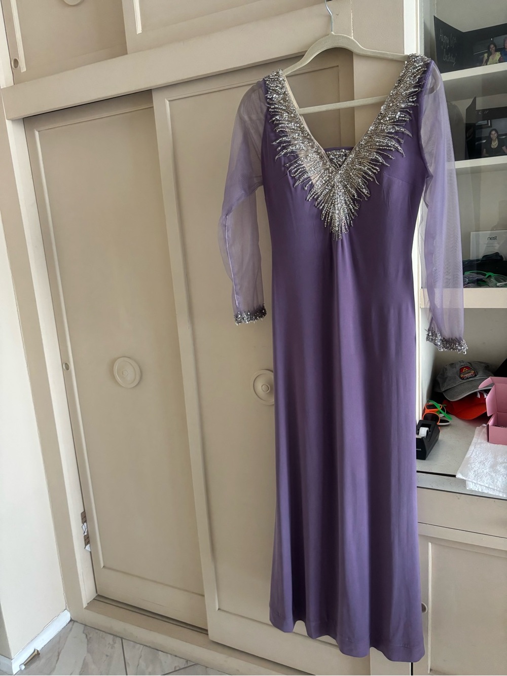 Lavender Beaded V-Neck Long-Sleeve Evening Gown
